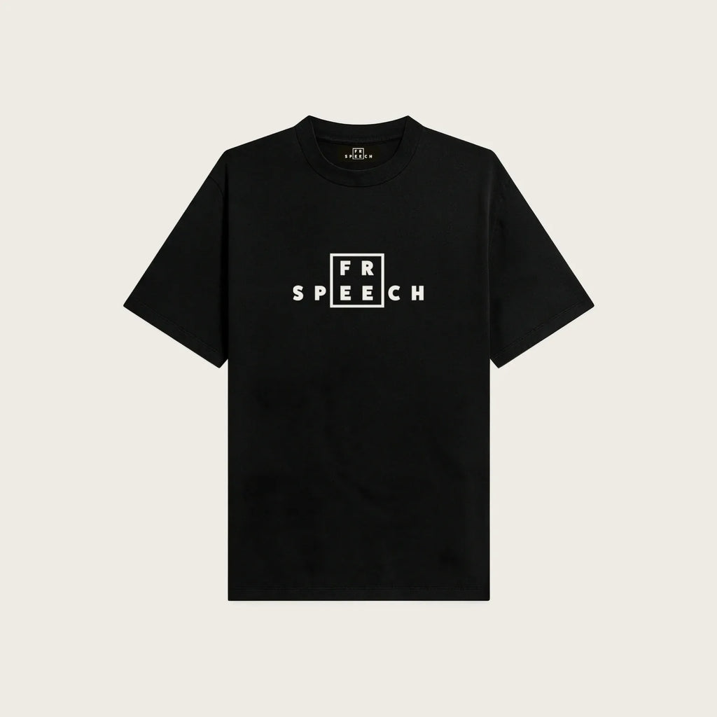 Black tee, FREE SPEECH lockup embroidered at the centre chest