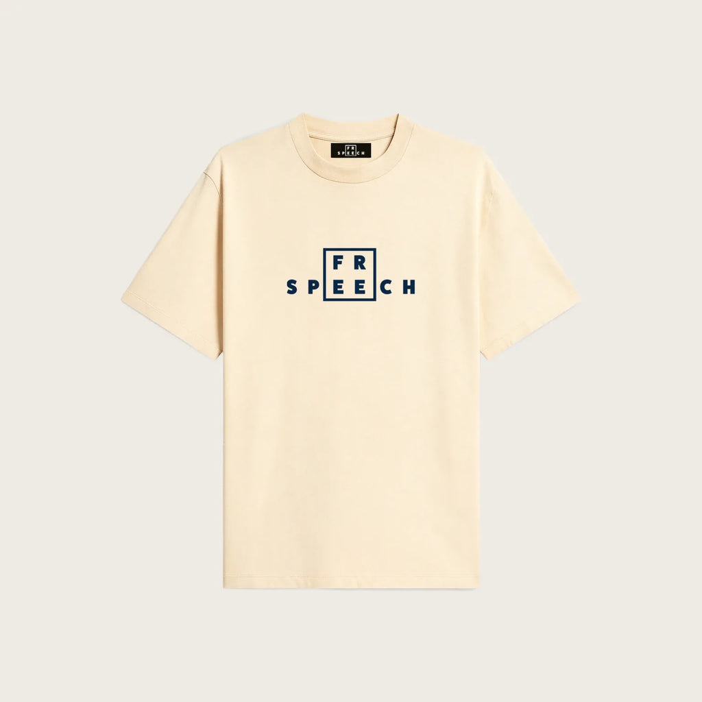 Cream tee, FREE SPEECH lockup embroidered at the centre chest