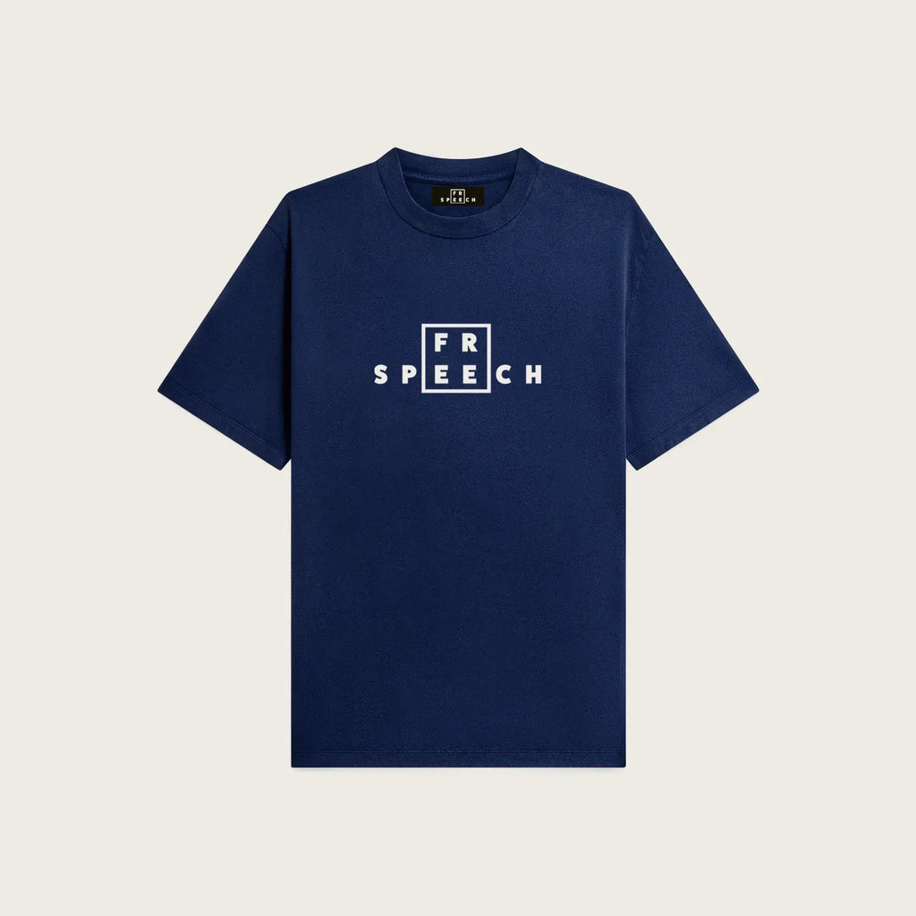 Navy blue tee, FREE SPEECH lockup embroidered at the centre chest