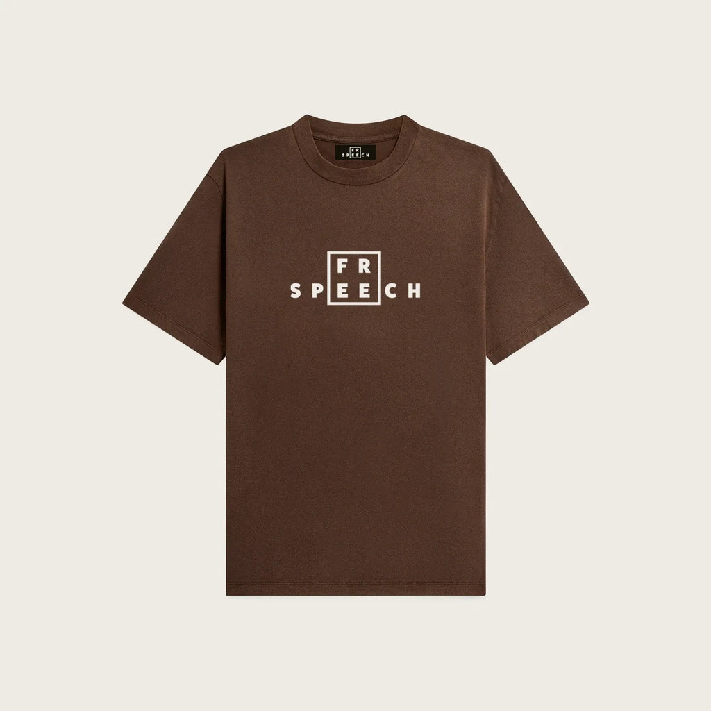 Chocolate tee, FREE SPEECH lockup embroidered at the centre chest