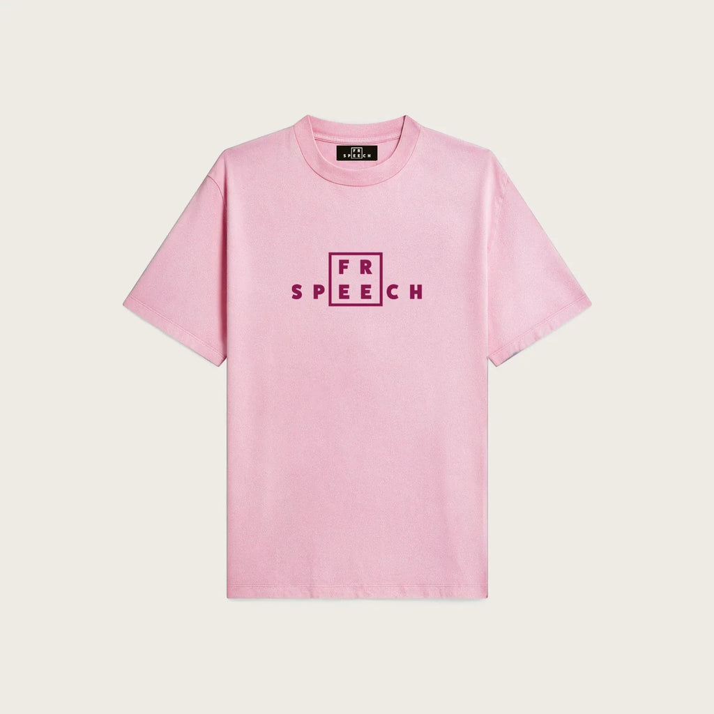 Pink tee, FREE SPEECH lockup embroidered at the centre chest